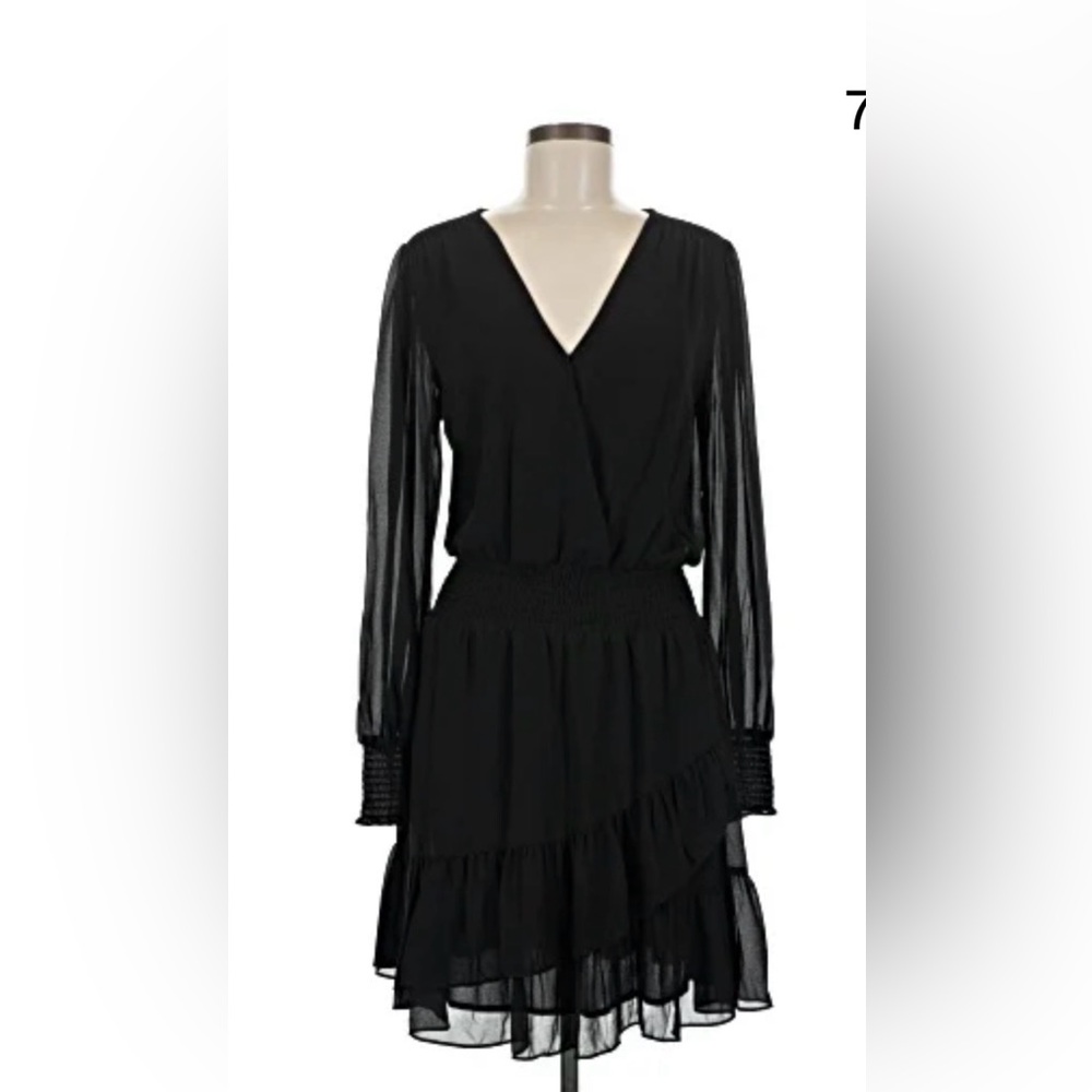 Michael Kors Black V-Neck Long Sleeve Tiered Mini Dress -Large-new